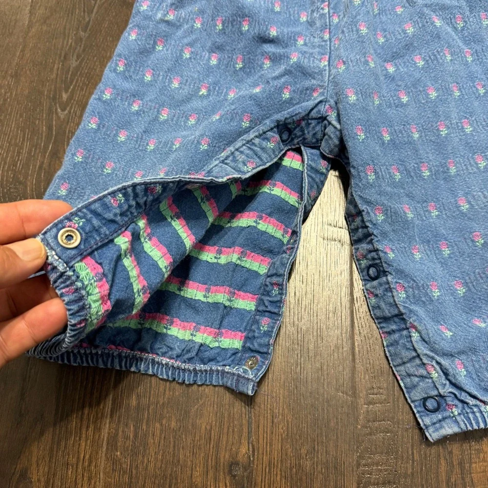 OshKosh Vintage Overalls Floral Print Snap Crotch Denim Romper Made in USA 18 Mo